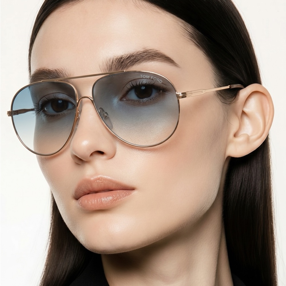 Tom Ford TF450 28P “Cliff” Aviator Sunglasses – Rose Gold / Gradient Blue